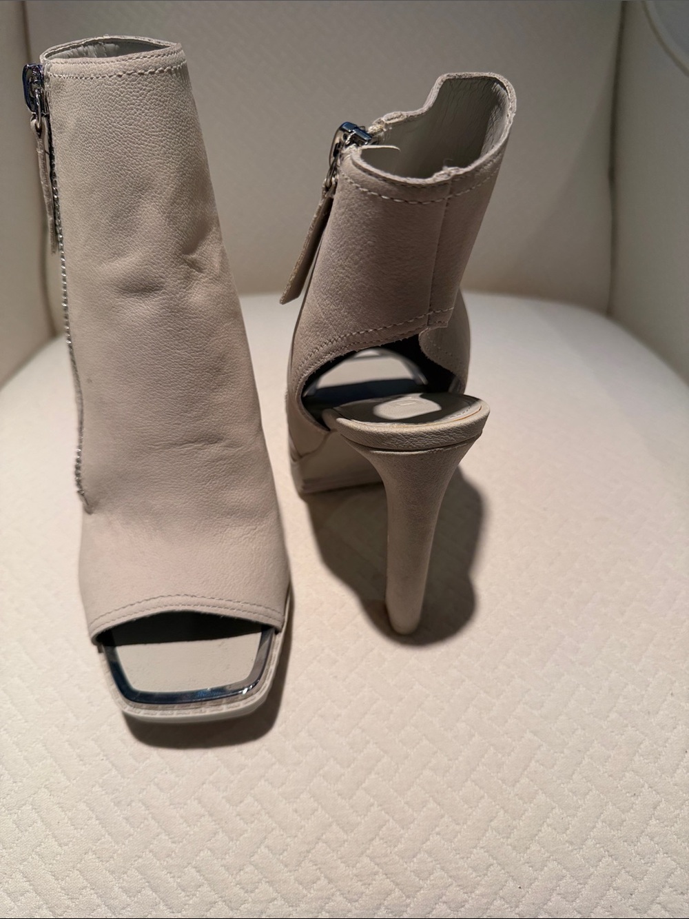 DKNY Malia Women’s Open-Toe High Heel Booties in Light Beige - Picture 2 of 3